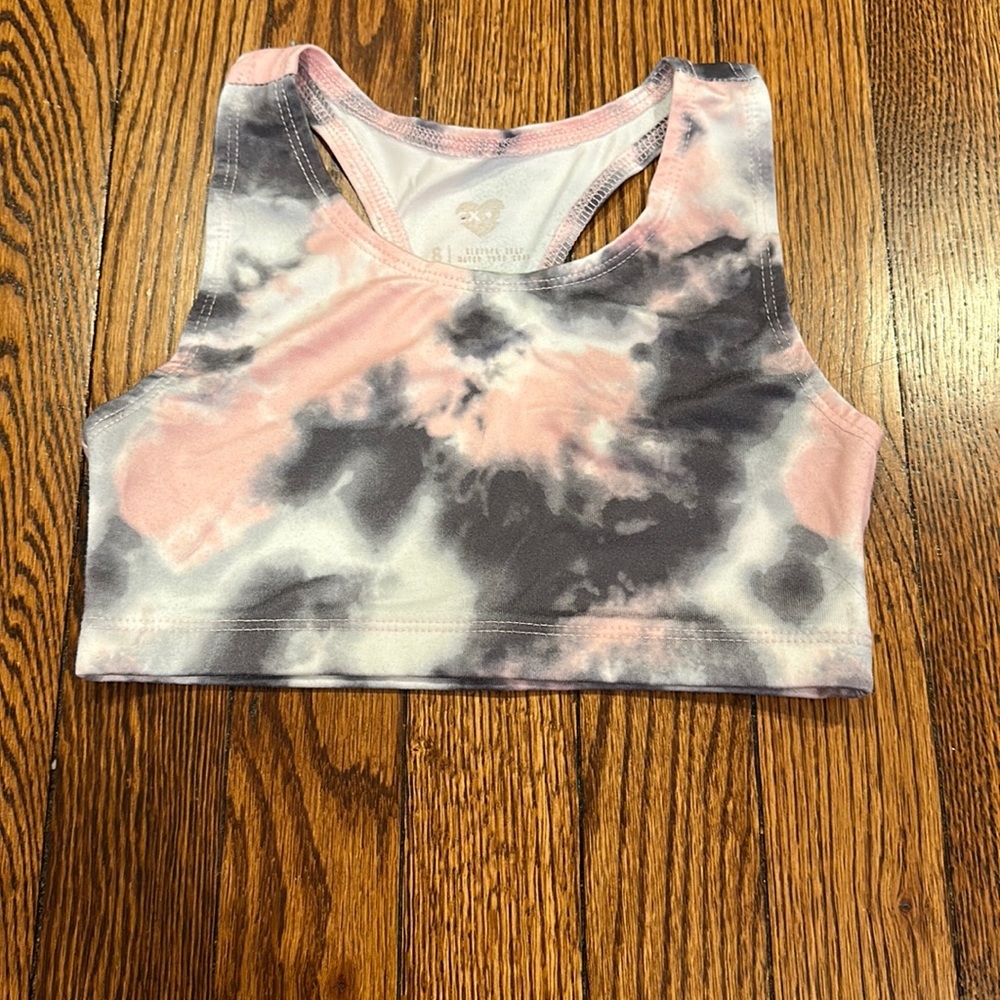 Justice Girls grey, pink, and white sports Bra. Girls size 8.